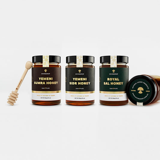 DivineDrop Yemeni Honey Trio – Sidr, Sal, and Sumra Honey with Lid and Honey Dipper.