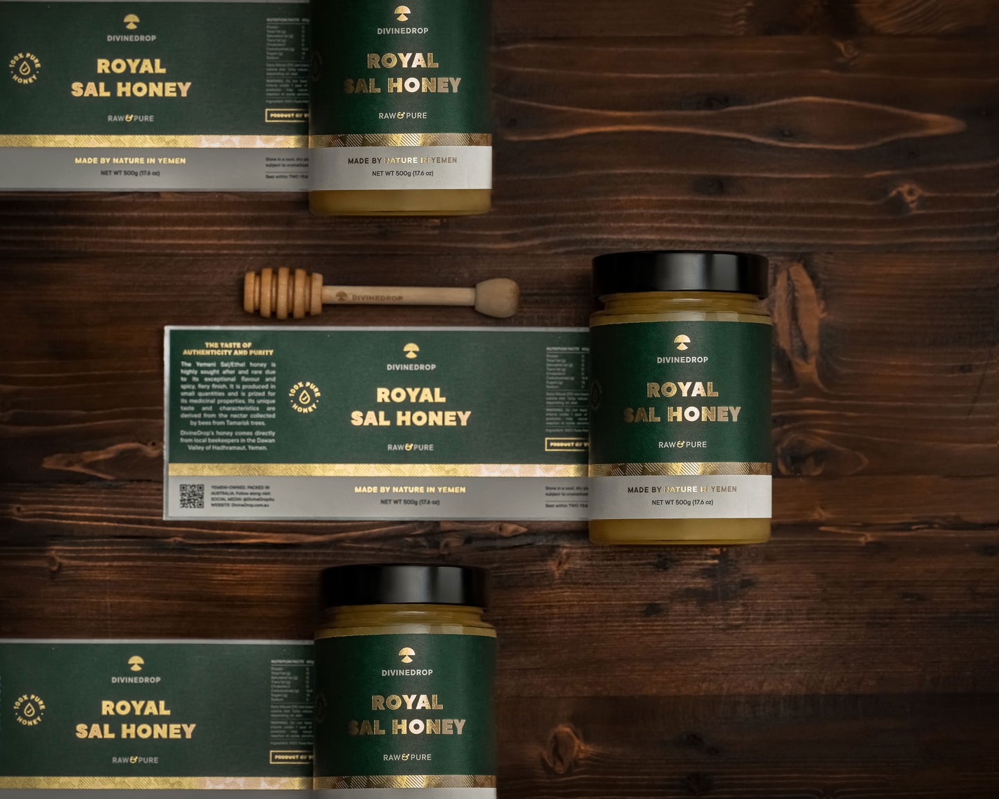 DivineDrop Yemeni Honey Collection – Sidr, Sal, and Sumra Honey Displayed on Wooden Background.