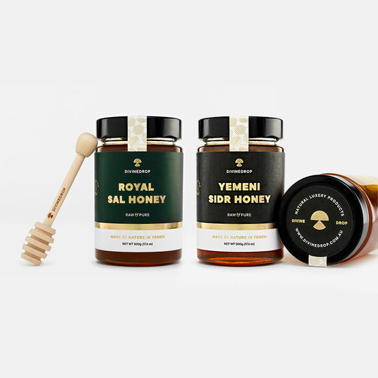 Royal Sal Honey and Yemeni Sidr Honey – 500g Jars with Wooden Honey Dipper and Lid.