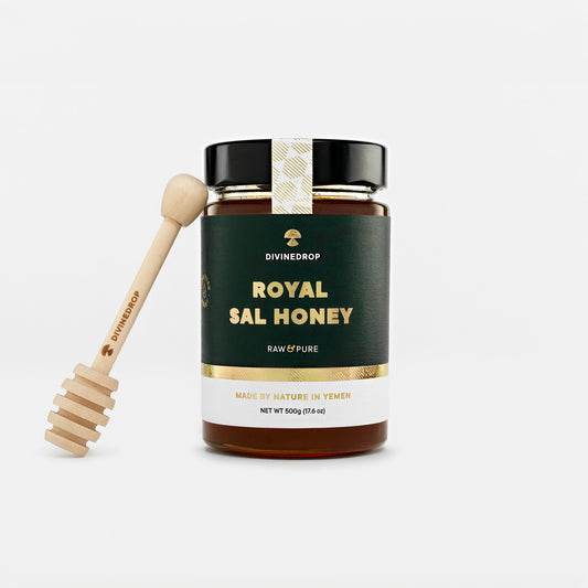 Royal Sal Honey – 500g Jar with Wooden Honey Dipper, 100% Raw and Organic.