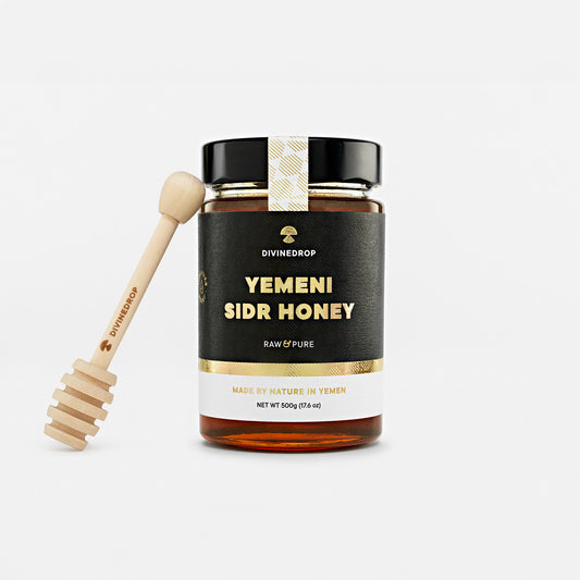 Yemeni Sidr Honey – 500g Jar with Wooden Honey Dipper, 100% Raw and Organic.