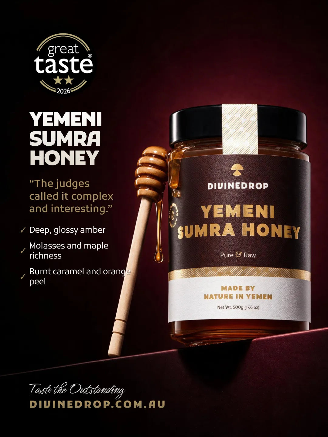 A jar of DIVINEDROP Yemeni Sumra Honey with a wooden honey dipper, set against a dark red-brown background with promotional text and a Great Taste 2024 award badge.