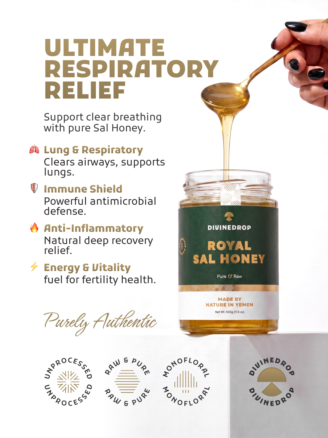 A jar of Divinedrop Royal Sal Honey is shown with honey dripping from a spoon held by a hand. The background is a clean white with promotional text detailing respiratory relief benefits and four quality badges at the bottom.