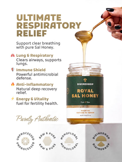 A jar of Divinedrop Royal Sal Honey is shown with honey dripping from a spoon held by a hand. The background is a clean white with promotional text detailing respiratory relief benefits and four quality badges at the bottom.