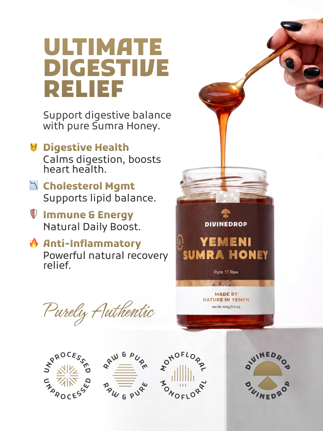 A jar of Divinedrop Yemeni Sumra Honey is shown on a white pedestal with a hand holding a spoon dripping honey above it. The image includes marketing text highlighting digestive health, cholesterol support, immune benefits, and anti-inflammatory relief, plus four circular badges at the bottom.