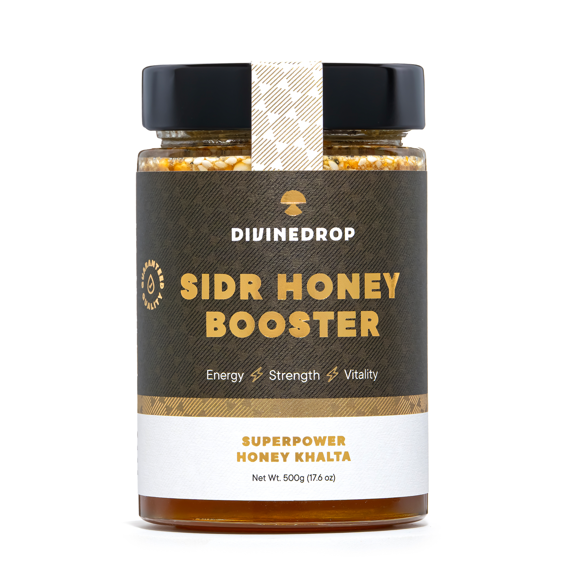A jar of DIVINEDROP Sidr Honey Booster on a clean white background. The product features a dark brown textured label with gold lettering, a white lower section, and a black lid with a patterned paper seal.