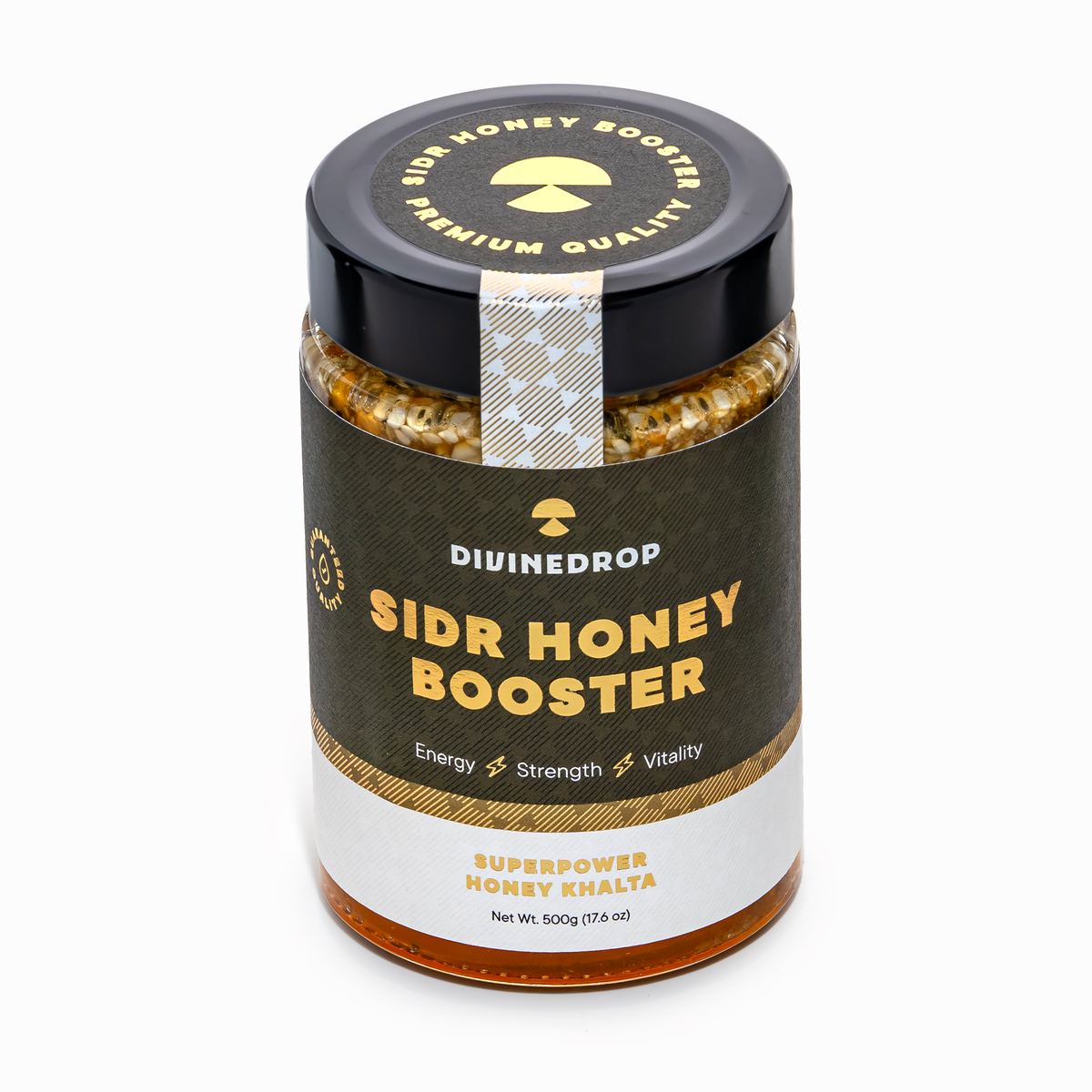 A jar of DIVINEDROP Sidr Honey Booster on a clean white background. The product features a black lid with gold lettering, a dark olive-green label with gold and white text, and a white lower section.