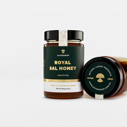 DivineDrop Royal Sal Honey – Dual Jar Display with Lid, Raw and Pure Honey.