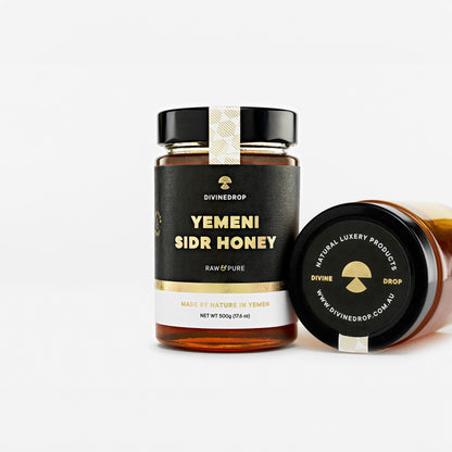 DivineDrop Yemeni Sidr Honey – Pure Raw Honey, Front and Lid View.