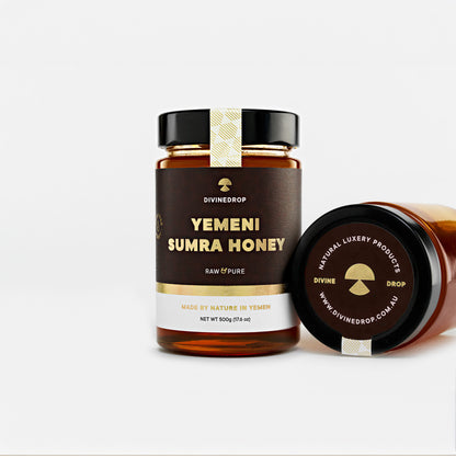 DivineDrop Yemeni Sumra Honey – Front and Lid Display, Raw and Organic.