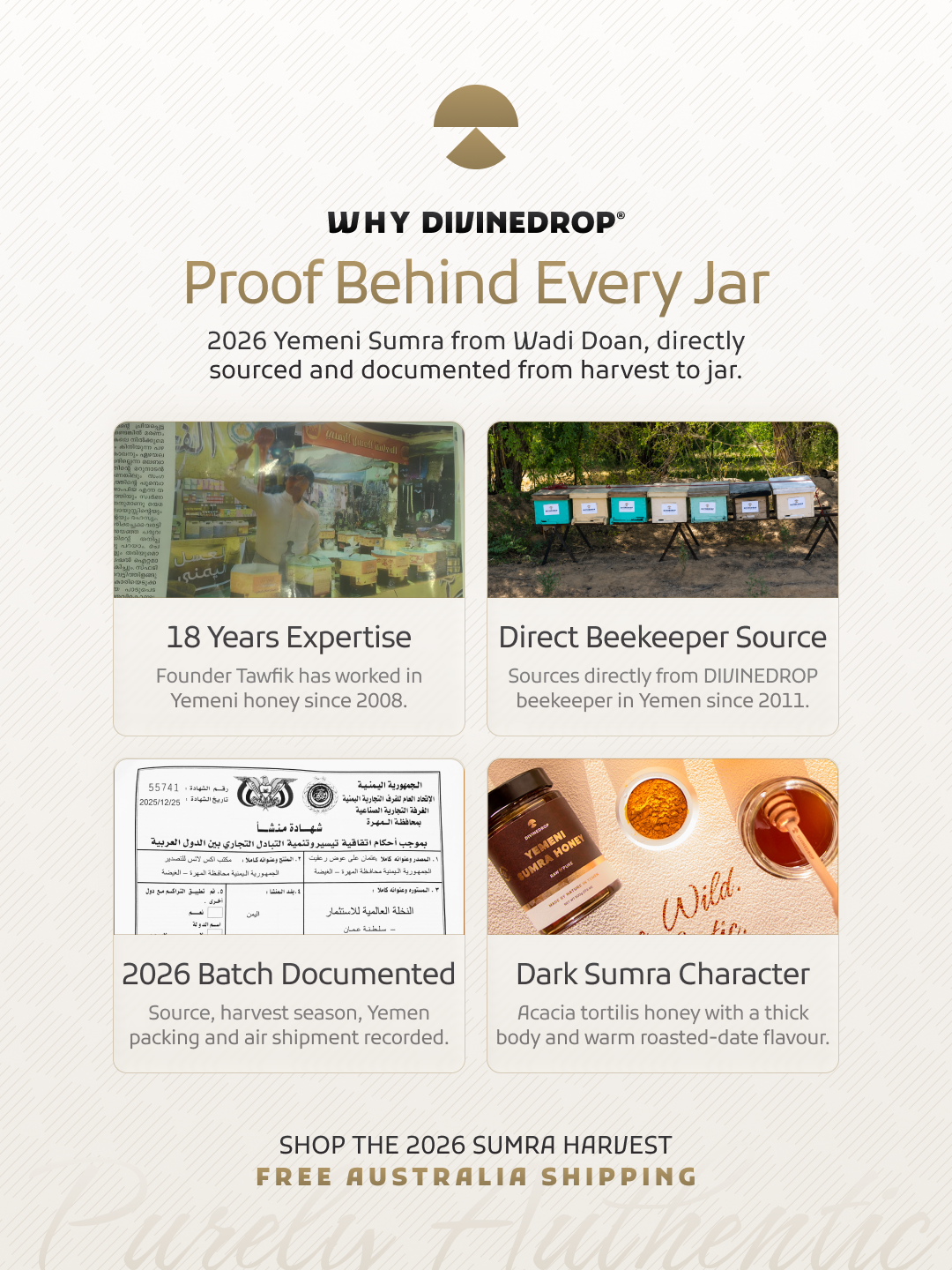 An informational marketing graphic for Why DIVINEDROP , featuring a cream textured background and gold branding. The graphic contains four square panels with text and photos: one showing a beekeeper in a field, one with a sign reading '18 Years Expertise', one with a document, and one showing a jar of honey labeled 'Wild Flower'.