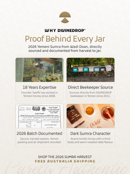 An informational marketing graphic for Why DIVINEDROP , featuring a cream textured background and gold branding. The graphic contains four square panels with text and photos: one showing a beekeeper in a field, one with a sign reading '18 Years Expertise', one with a document, and one showing a jar of honey labeled 'Wild Flower'.