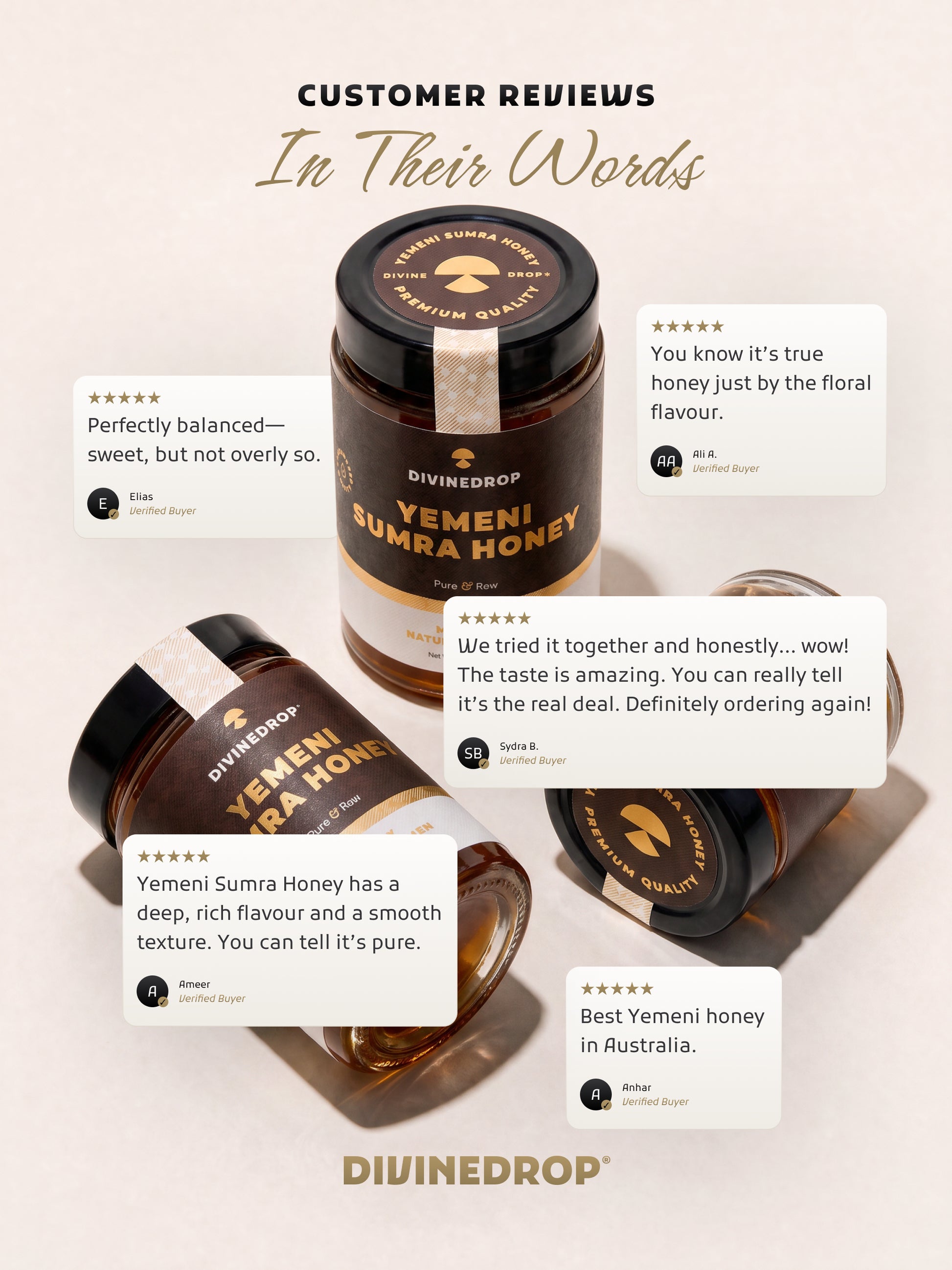 A promotional collage for Divine Drop Yemen Sumur Honey showing three honey jars arranged on a light beige background with customer review text bubbles around them.
