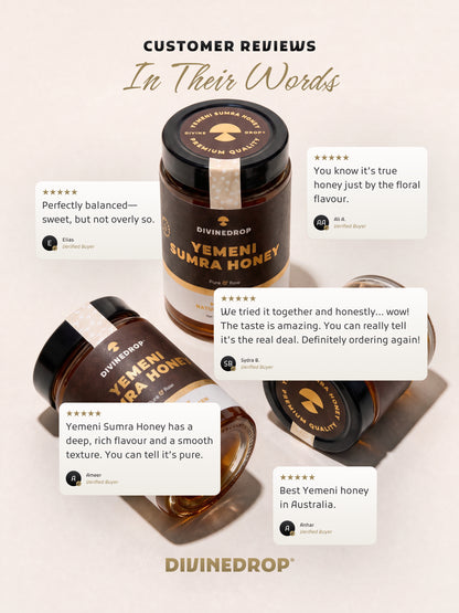A promotional collage for Divine Drop Yemen Sumur Honey showing three honey jars arranged on a light beige background with customer review text bubbles around them.